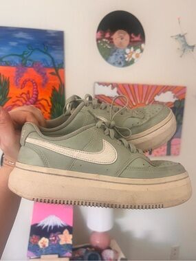 Nike Kids Sage Green Low-Top Sneakers with White Swoosh